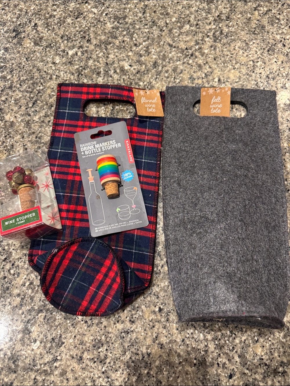 Kikkerland Plaid Red & Navy and Gray Felt Wine Gift Totes